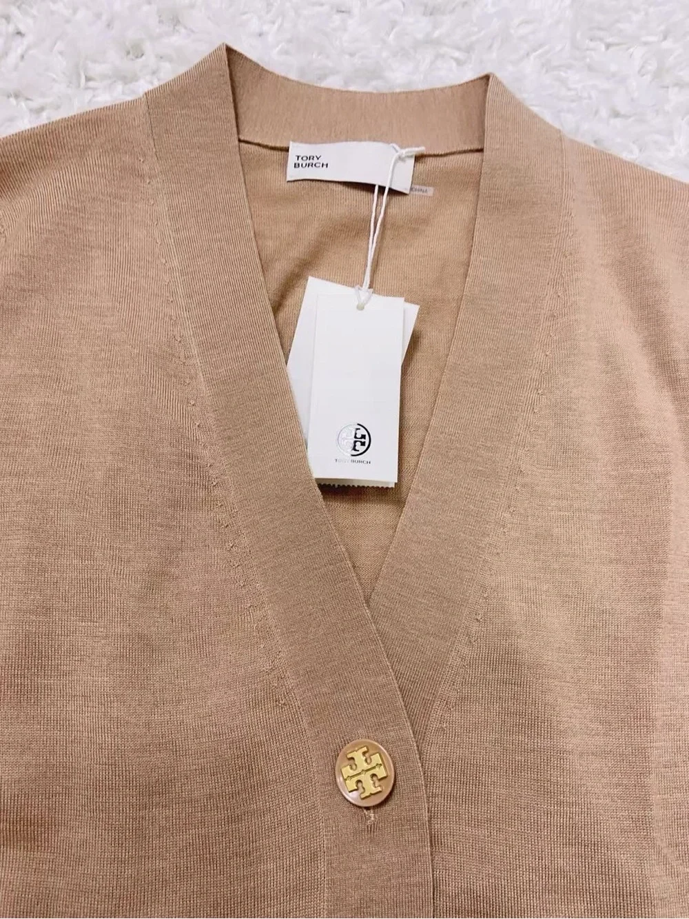 NWT Tory Burch Simone Camel Brown V‑Neck Button Cardigan